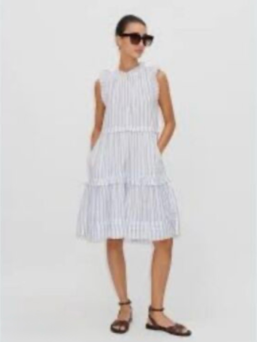 ME+EM White and Blue Sleeveless Striped Midi Dress